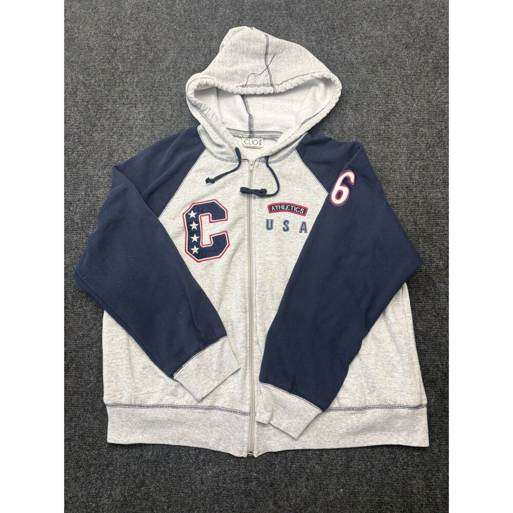 Vintage Clio II Full Zip Hoodie Womens 1X Gray Navy Varsity Patches USA